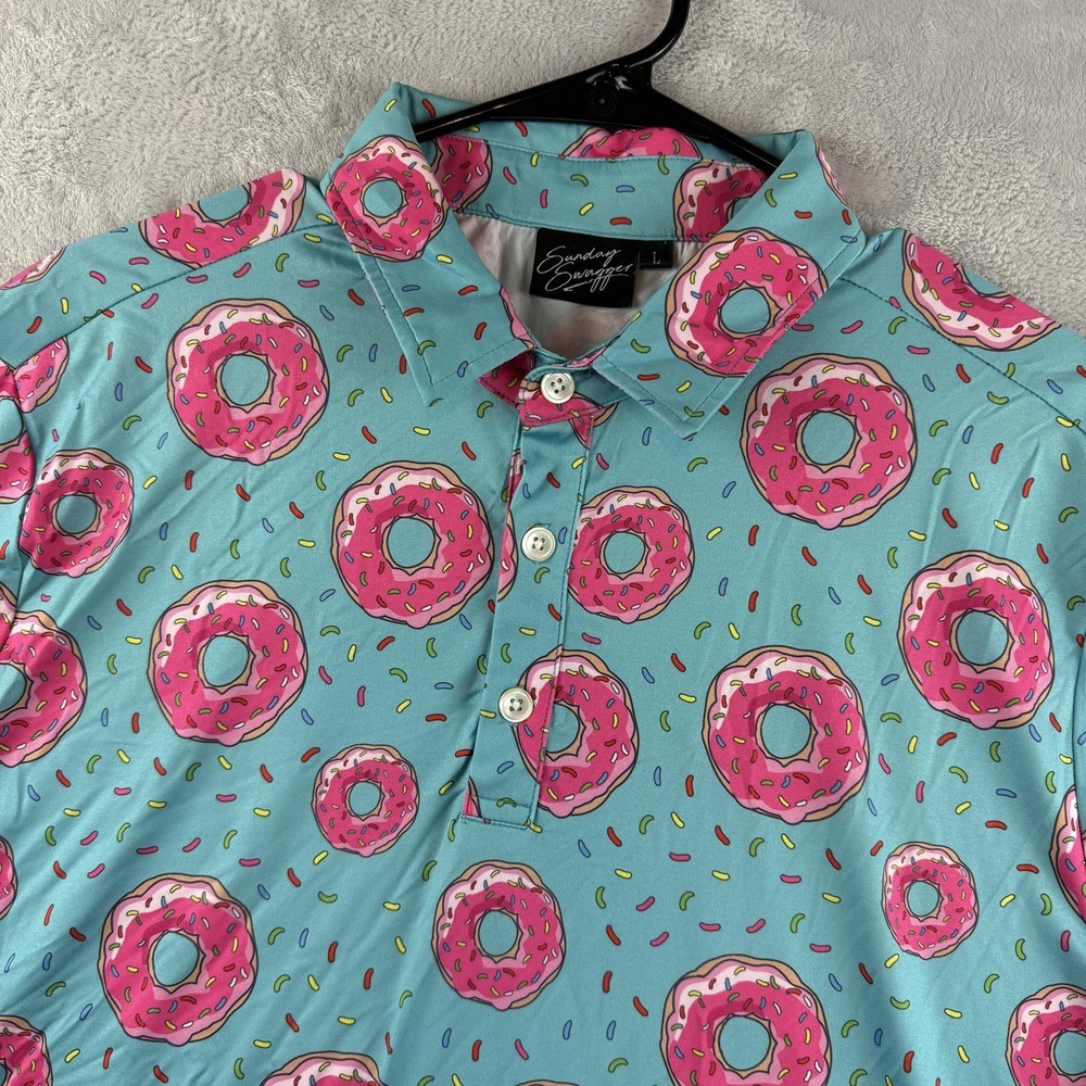 Sunday Swagger Polo Shirt Mens Large Blue Donut Print Golf Performance Stretch
